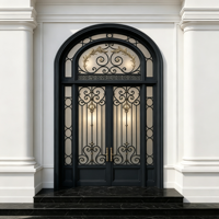 Porte d'entrée de villa en acier forgé avec panneau en verre, style français, sur mesure, revêtement poudré