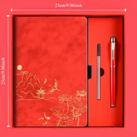 Cuaderno Artístico de Cuero con Tapa Grabada, Set de Bolígrafos con Paisaje Chino, Organizador Personal, Caja de Regalo