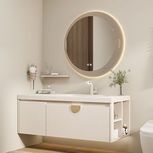 Cream White Wall-Mounted Bathroom <b>Vanity</b> with Round <b>LED</b> Smart Mirror Soft-Close Storage Drawers - Product Image 6