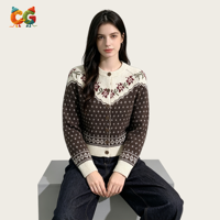 CG Vintage Fair Isle Blumen-Jacquard Strickjacke Rundhals Knopfleiste Kurze Strickjacke Weihnachten Winter Damen Strickwaren OEM ODM