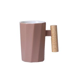 <b>Ceramic</b> Mug With Wooden Handle Ten Cornered Solid Color Office Use Presents - Product Image 4