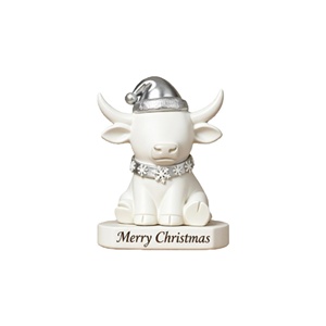 Encantadora Estatuilla Personalizada - Toro Blanco con Gorro de Santa Plateado y Cuello con Copos de Nieve - Pieza Decorativa, Perfecta para Decoración Navideña del Oeste - Product Image 1
