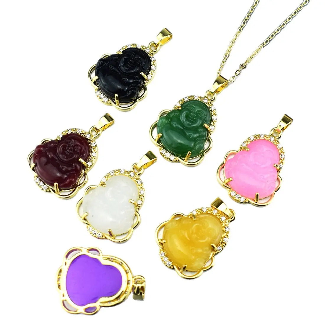 Hot Selling Religious Copper Micro-inlaid Zircon Pendant 7 Colors To Choose Crystal Jade Buddha Pendant Necklace Jewelry Gift