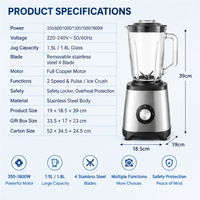 Nouveau Mixeur de Table Électrique Automatique 350-1800W à 5 Vitesses, Bol en Verre 1,5L, Boîtier en Acier Inoxydable, pour Smoothies et Préparations Légères