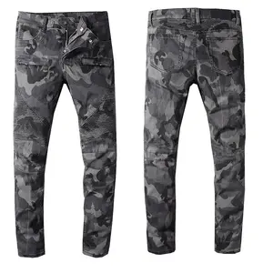 Baru France Style #1080 # Pria Moto Ritsleting Celana Robek Camo Hitam Kurus Biker Jeans Stretch Slim Ukuran 29-42