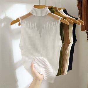 Haut court d'été sans manches à col semi-montant pour femme, camisole ajourée, chemise de base en maille tricotée, pull pour femme - Product Image 1