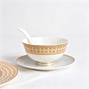 36pcs Luxury Gold Greek Key And Medallion Embossed Porcelain Dinnerware <b>Set</b> With Premium Leather Gift Box - Product Image 3