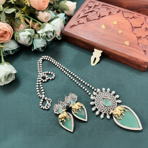 Two Tone Pota Stone <b>Long</b> Necklace Set for Women Traditional Indian Ethnic Jewelry for Wedding and Festive Wear - Product Image 3