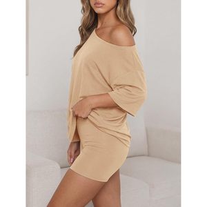 Fisoew Womens 2 Piece Lounge Set Summer Oversized T Shirt Biker Shorts Casual <b>Matching</b> Outfit Breathable Asymmetrical Collar - Product Image 3