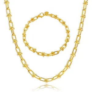 Gemnel luxury women jewelry brass 18k gold classic U link necklace bracelet set