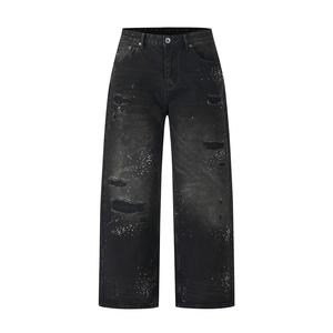 Broken Patch Shiny Diamond Street Fashion Trend Style Cintura elástica Casual Hombres Negro lavado Pierna recta Pierna ancha Jeans para hombres - Product Image 1
