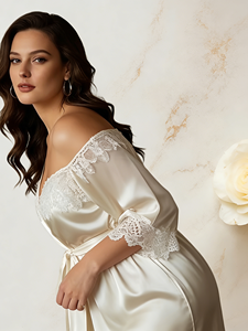 Romantic Off-Shoulder Lace Trimmed Satin <b>Robe</b> - Perfect Bridal Party Gift & <b>Bridesmaid</b> <b>Robe</b> - Product Image 1