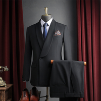 Ensemble Smoking Homme Respirant à Double Boutonnage en Laine Peignée avec Revers et Braguette Zippée, Veste et Pantalon, Châle Noir, pour Mariage, Garçons d'Honneur, Bal de Fin d'Année et Dîner