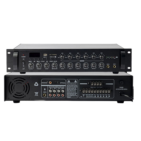 6-zone 250W Analog Power Amplifier with Optical and Coaxial Inputs for Commercial Audio and Multi-room Audio Systems.