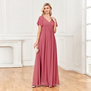 Robe longue en mousseline de haute qualité, coupe trapèze, col en V, élégante, fendue, pour bal de promo, mariage, demoiselle d'honneur, décorée de dentelle - Product Image 5