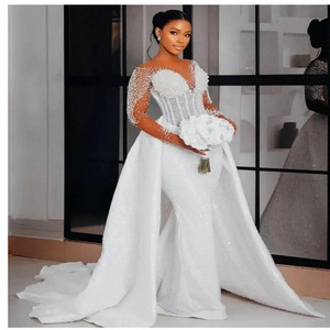Abito da Sposa Personalizzato Stile <span class=keywords><strong>Sirena</strong></span> con Strascico Staccabile, <span class=keywords><strong>Vestito</strong></span> in Pizzo con Perle e Applicazioni Trasparenti - Product Image 3
