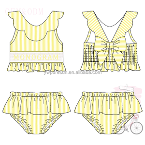Vendita calda toddler girls costume da bagno seersucker 2 pezzi costume da bagno foderato smocked con monogramma i bambini indossano <span class=keywords><strong>bikini</strong></span> con volant smerlato - Product Image 5