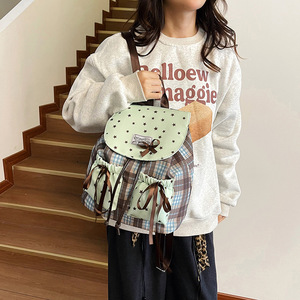 Sac à dos tendance coréen en nylon respirant pour <span class=keywords><strong>femme</strong></span>, grande capacité, polyvalent, motif écossais, avec joli nœud, idéal pour étudiante, style étoile - Product Image 2