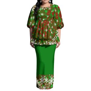 Abiti Maxi Puletasi con Stampa Natalizia, Vestito Personalizzato da Donna con Maniche a Palloncino e Strati di Volant, Set di 2 Pezzi in Stile Samoano Polinesiano - Product Image 2