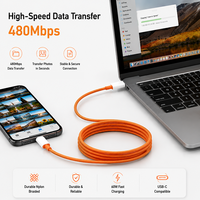 Câble de charge rapide USB-C 60W orange en nylon tressé, câble de données Type-C vers Type-C avec outil d'éjection de carte SIM pour iPhone 17 16 15 Pro Max