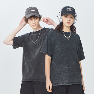 เสื้อยืดโอเวอร์ไซส์สไตล์วินเทจลายโลโก้สั่งทำคุณภาพสูง ผ้าฝ้าย 100% ทรงหลวม สตรีทแวร์ เสื้อยืดผู้ชายแบบฟอกสี - Product Image 1