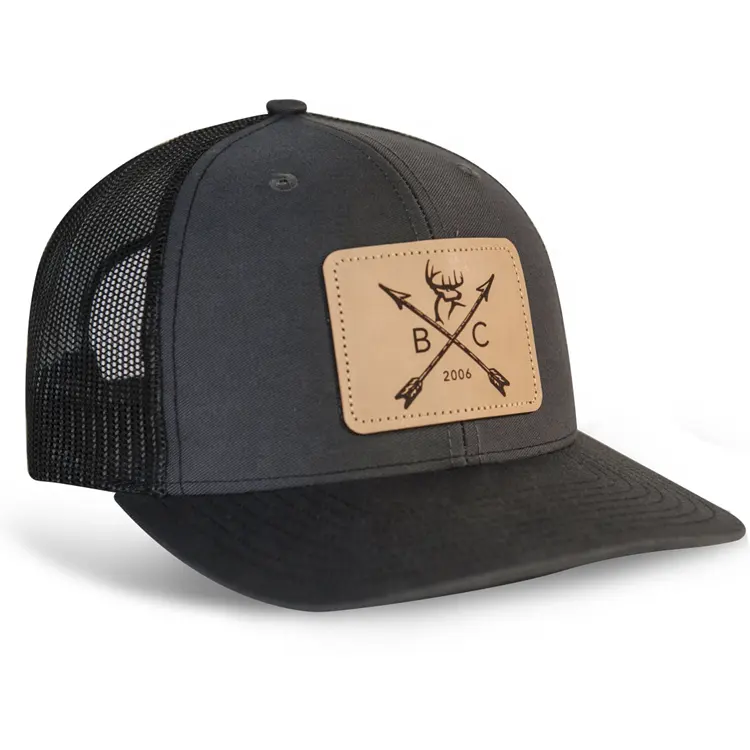 Custom Logo 5 6 panel Caps Curved Brim Trucker Hat with Leather Patch