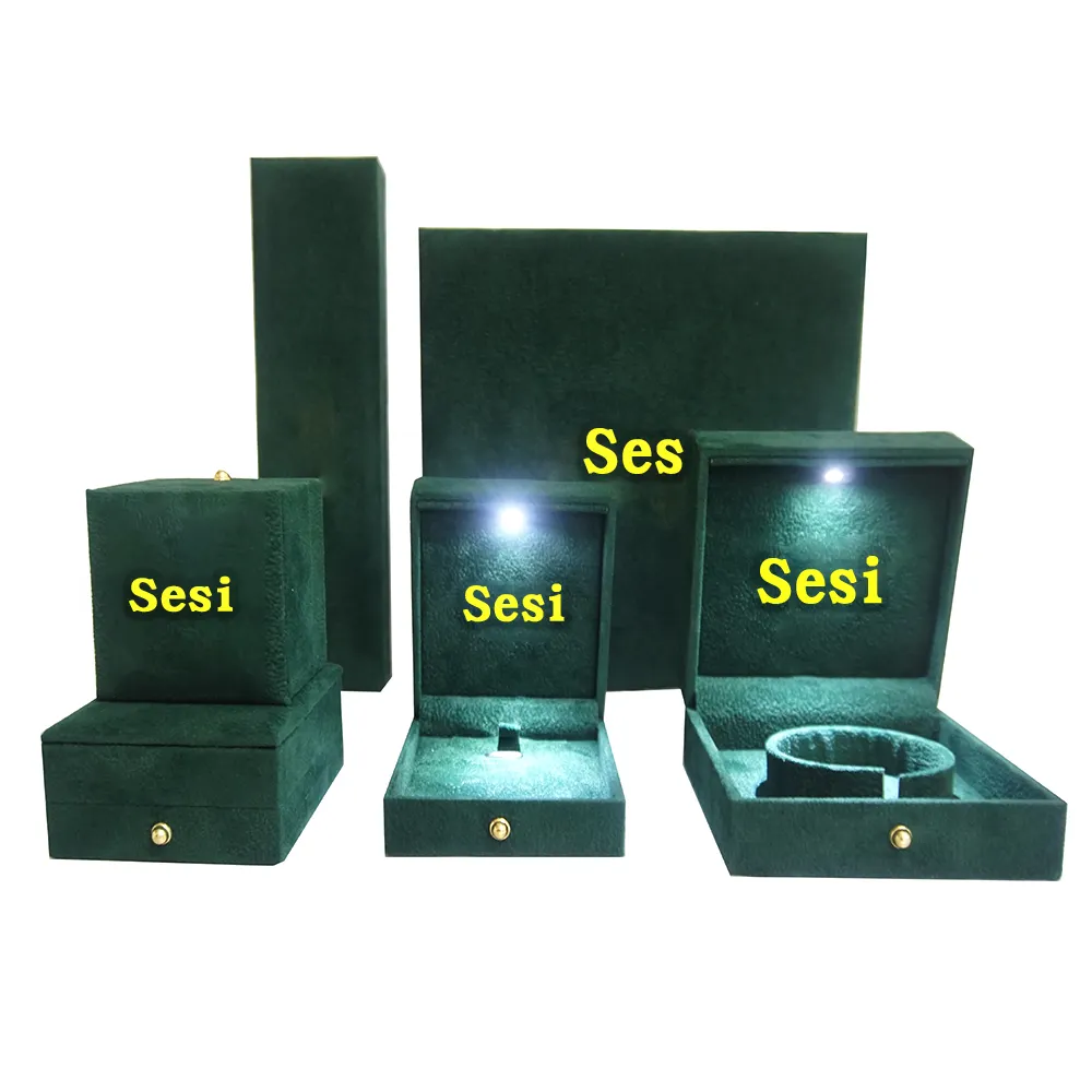 SESI на заказ Boite A Bijoux Avec Lumiere серьги ожерелье кольцо светодиодная шкатулка для ювелирных изделий бархатная зеленая шкатулка для драгоценностей упаковка со светодиодным светом