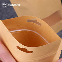 Sac en papier kraft à fenêtre transparente d'un côté avec fermeture éclair, sac d'emballage de snacks