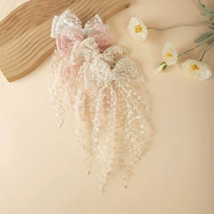 Barrettes à cheveux printanières en dentelle avec nœud, élégantes barrettes brodées à long ruban <span class=keywords><strong>pour</strong></span> femmes, <span class=keywords><strong>coiffure</strong></span> féerique - Product Image 2