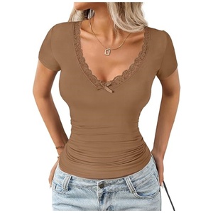 Top in pizzo Y2K da donna <span class=keywords><strong>con</strong></span> scollo a V profondo, maniche corte, vestibilità slim, <span class=keywords><strong>con</strong></span> fiocco, blusa sexy e dolce, traspirante, T-shirt - Product Image 3