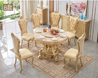 Table à manger royale européenne rectangulaire en chêne sculpté avec plateau en marbre, ensemble de table et chaises de haute qualité