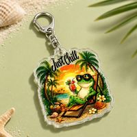 Porte-clés personnalisé en acrylique, motif grenouille tropicale 'Just Chill', cadeau de plage, breloque de sac personnalisée, accessoire de vacances transparent, vente en gros