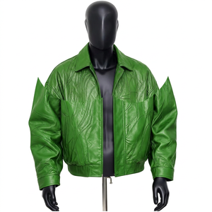 Blouson moto en cuir PU crème pour homme, col rabattu, fermeture éclair, motif géométrique embossé, longueur standard - Product Image 1