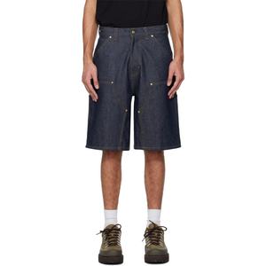 Shorts en jean à double genouillère pour charpentier avec logo personnalisé, en coton épais, coupe large, avec empiècements renforcés, en denim bleu rigide - Product Image 1