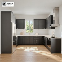 Meuble de cuisine laqué Shaker en U avec portes fines à cadre fin couleur anthracite, boutons ronds et boîtes de rangement en contreplaqué