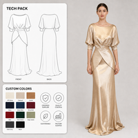 Robe longue en satin champagne métallisé pour femme, col rond, manches chauve-souris, taille drapée, fabrication sur mesure OEM, vente en gros en usine