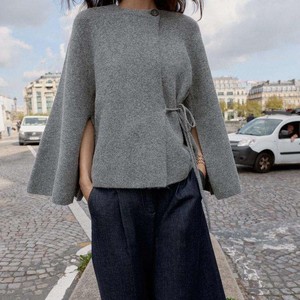 Manteau cape gris pour femme - Manches fendues, taille à nouer, coupe oversize, tendance - Product Image 2
