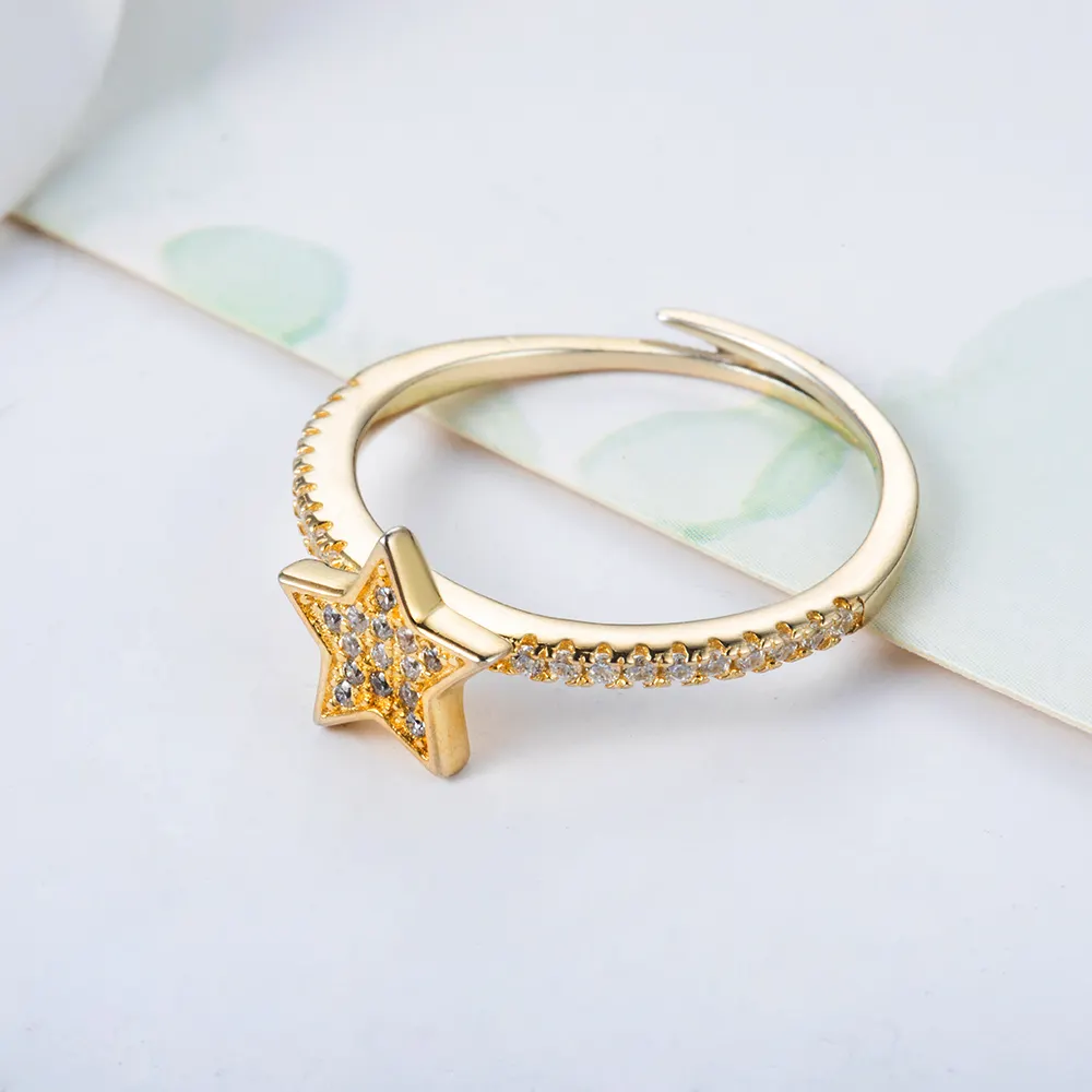 Fashion Jewelry 14K Gold Plated 925 Sterling Silver Ring Cute Zircon Star Moon Heart Adjustable Rings Jewelry Women Finger Ring