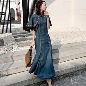 Fashion S XL Cloak Sleeve Women Denim Jeans Long Mid Calf Embroidery Dresses Mermaid Style Dresses