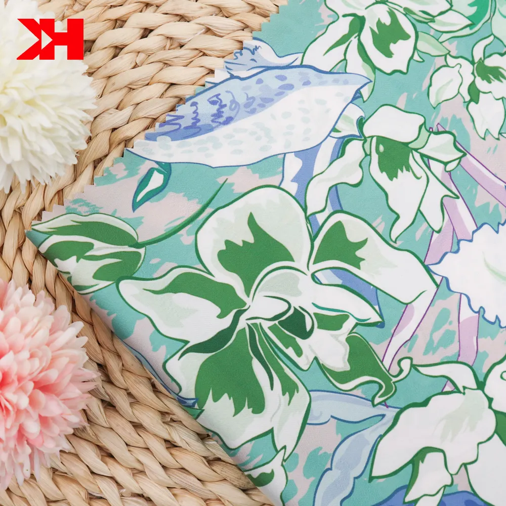 Kahn shaoxing estampado floral barato, estampa elástica 100% poliéster cetim têxtil impresso tecido para luvas