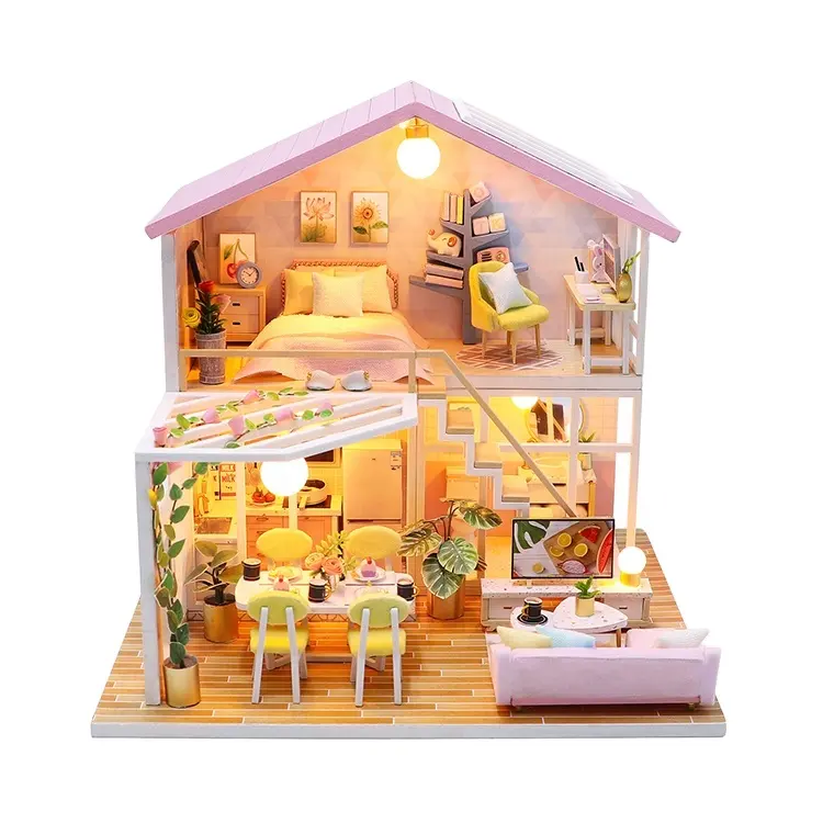 Hongda miniatur rumah boneka kayu, kit rumah miniatur diy merah muda hangat untuk anak perempuan