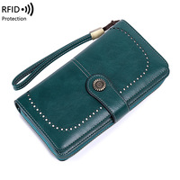 Dompet Wanita Kulit Model Baru Anti RFID Kapasitas Besar, Dompet Panjang Model Clutch dengan Tali Pergelangan Tangan