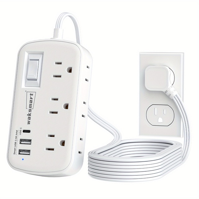 5Ft Ultra Thin Flat Plug Surge Protector Power Strip with 3 USB Wall Charger 1 USB C and 6 Compact Outlets Space Saving
