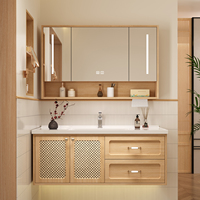 Meuble-lavabo de salle de bain moderne de luxe en bois massif multi-tailles avec miroir LED tactile lumineux et lavabo, couleur et taille personnalisables