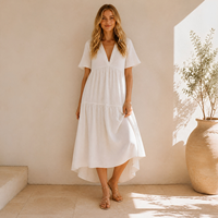 Robe longue blanche d'été pour femme, sur mesure, élégante, à col en V, manches courtes, style bohème décontracté, pour la plage, vente en gros
