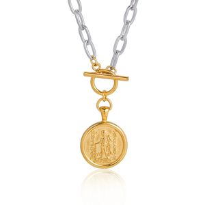 Collier pendentif pièce de monnaie rétro bicolore plaqué or 18 carats, finition double couleur, collier statement médaillon vintage romain grec - Product Image 1