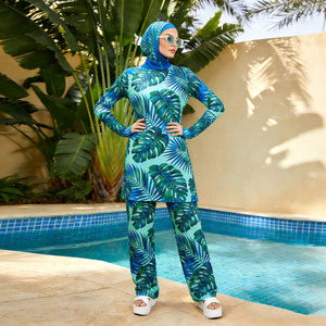 Wholesale Tropical Print Burkini Swimwear Set for Women Modest Full Coverage Long Sleeve Tunic Pants Hijab - Product Image 2