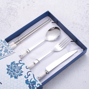 410 Stainless Steel <strong>Knife</strong>, Fork, Spoon, Chopsticks, <strong>Chinese</strong>-style Blue and White Porcelain Handle Four-piece <strong>Set</strong> Gift Box - Product Image 5
