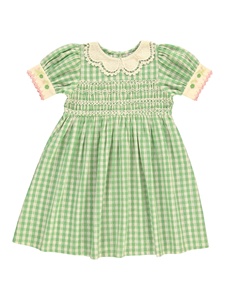 Vestido a Cuadros Verde para Niñas con Cuello Peter Pan de Encaje, Vestido de Algodón para Niñas con Mangas Cortas y Bordado - Product Image 4