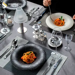 Restaurant Hotel Creative Ceramic Tableware Stone Texture Round Western Food Salad Dish Black Soup Plate Porcelain Dinnerware